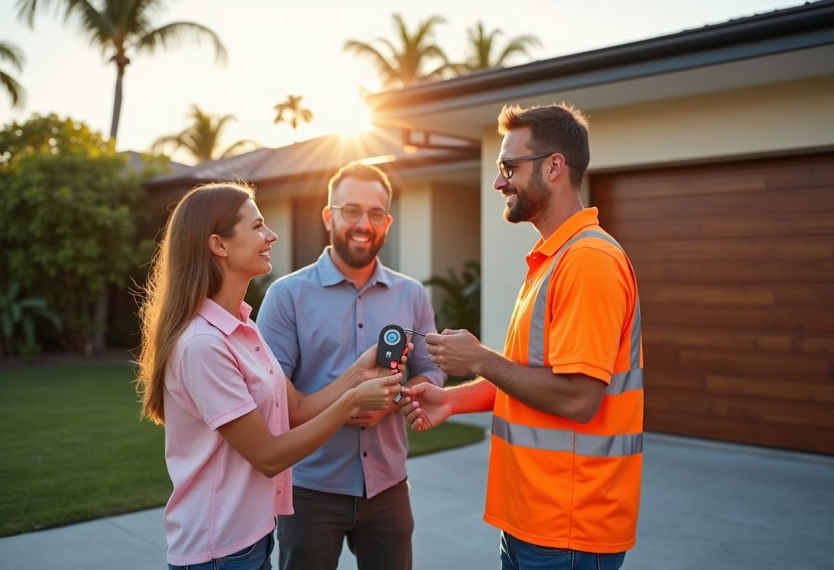 Technician handing over a garage remote at sunset — Aspley