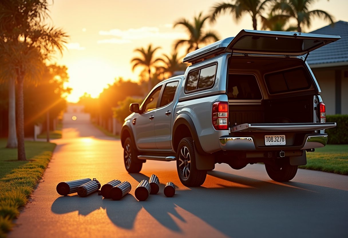 Technician ute with parts laid out at sunset — Aspley
